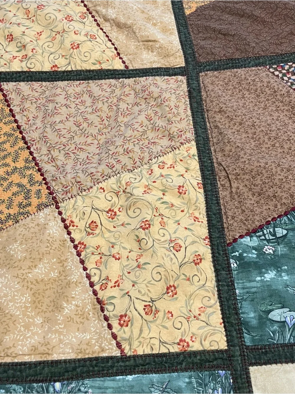 Handmade Patchwork Lap Quilt - Brown, Cream & Green with Lilly Pads